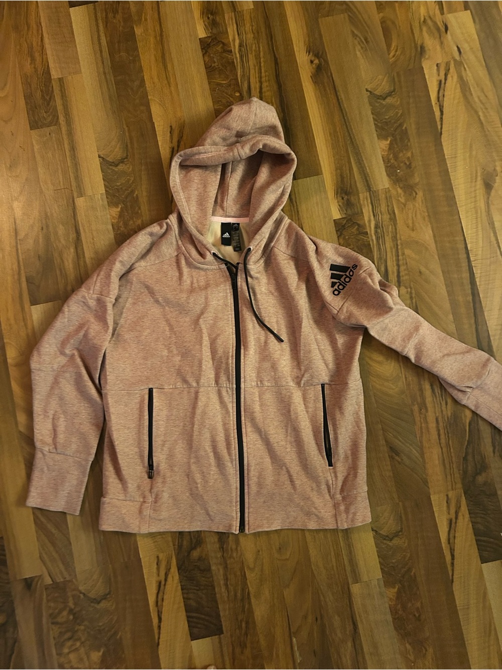 adidas woman’s Full Zip Hoodie Pink Solid Logo Hooded Pockets Regular Fit Size L